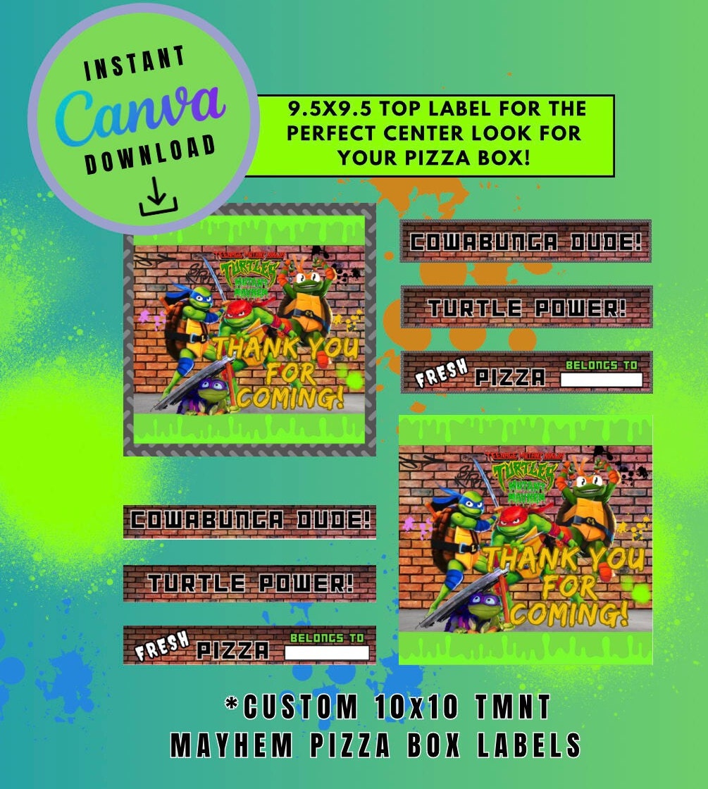 Mutant Turtles 10x10 Pizza Box Label Template, turtles Customizable Pizza Box Labels, Personalized Mutant Turtles Digital File Pizza Box
