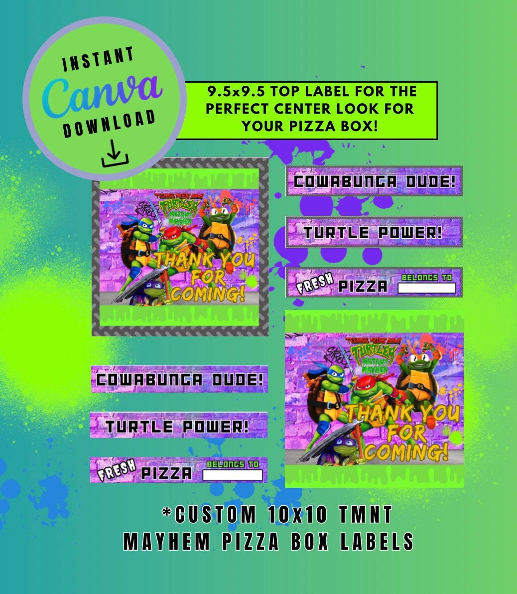 Purple Mutant Turtles 10x10 Pizza Box Label Template, turtles Customizable Pizza Box Labels, Personalized Mutant Turtles Digital File Pizza