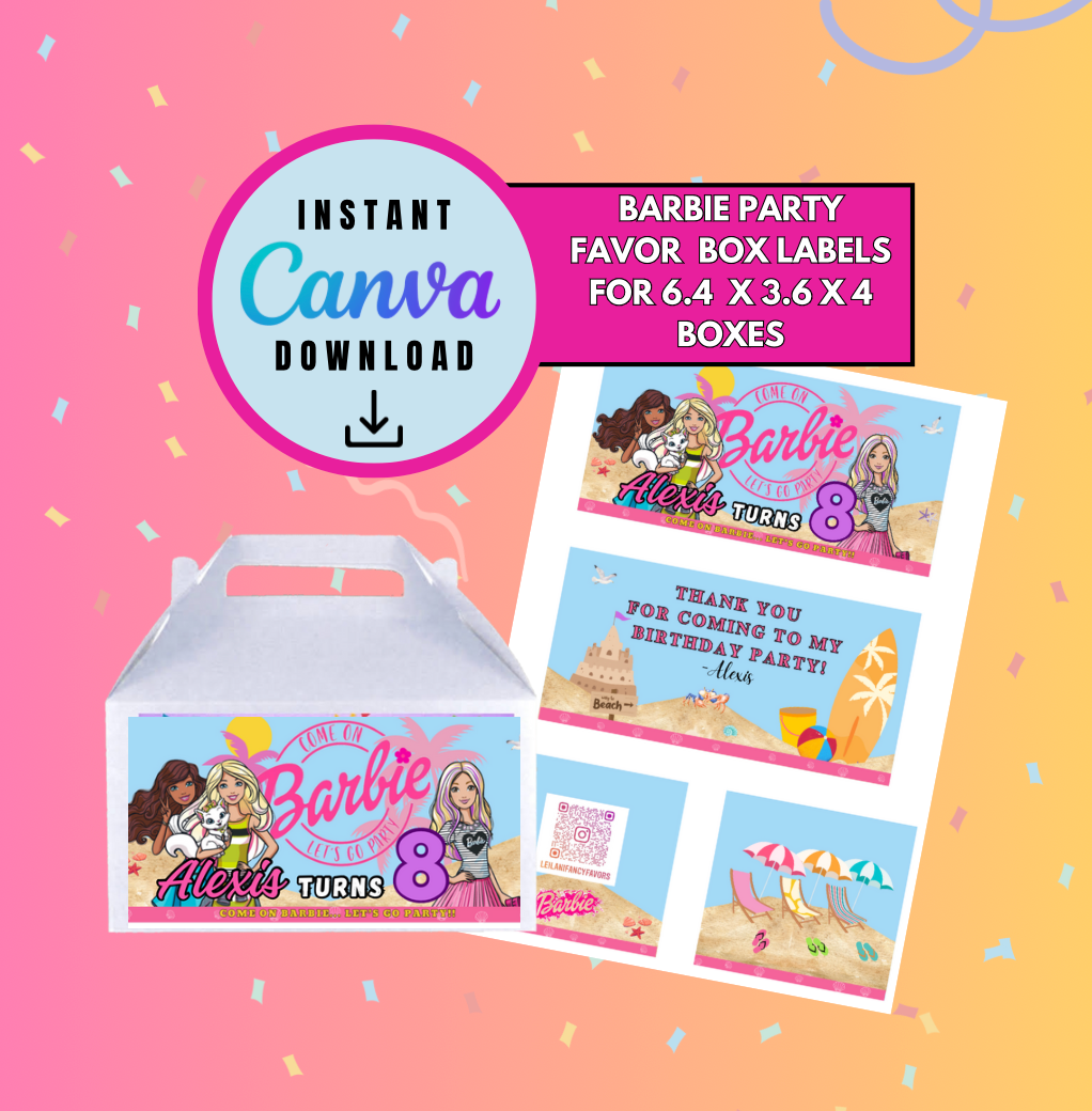 Barbie party favor treat box label Template, Customizable gable box labels, Personalized Barbie Digital File gable box, Instant Download barbie and friends party