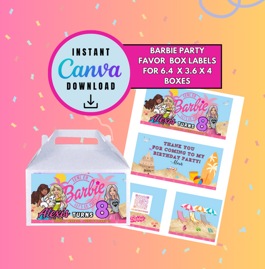 Barbie party favor treat box label Template, Customizable gable box labels, Personalized Barbie Digital File gable box, Instant Download barbie and friends party