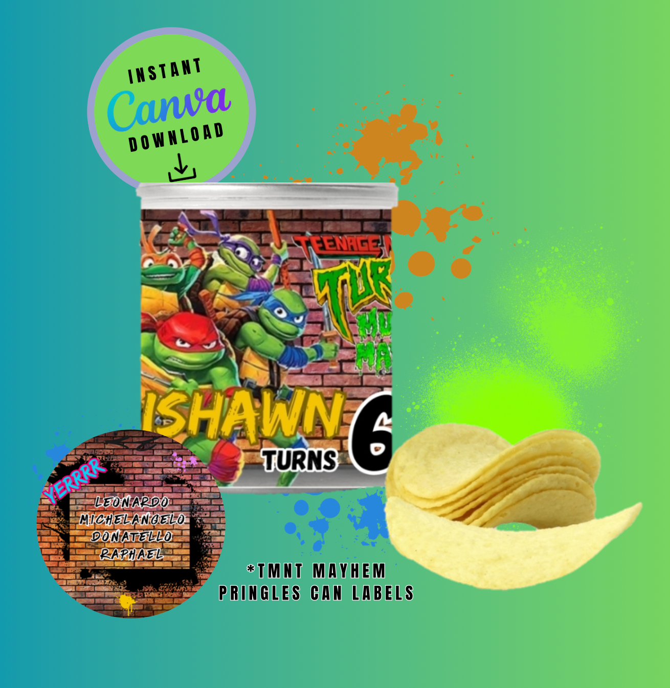 1.3oz Brown Brick Graffiti Mayhem Pringles Can label Template, turtles Customizable template, Personalized Mutant Turtles Digital File