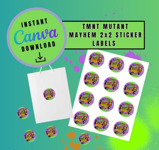 Purple Mutant Mayhem 2x2 sticker label Template, turtles Customizable stickers, Personalized Mutant Turtles Digital File stickers