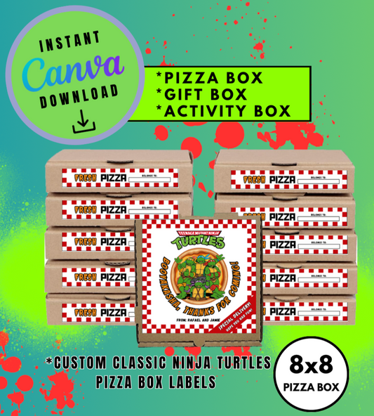 Classic Ninja Turtles 8x8 Pizza Box Label Template, turtles Customizable Pizza Box Labels, Personalized Mutant Turtles Digital File Pizza Box Labels