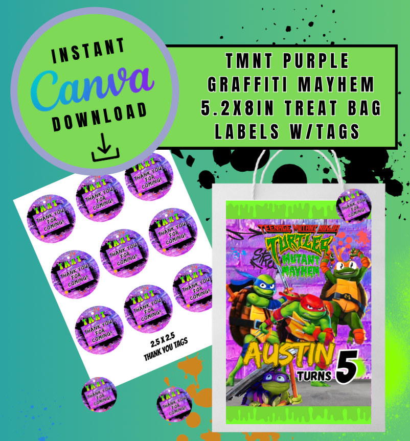 Purple Graffiti Mayhem 5.2x8 Treat Bag label w/ 2.5x2.5 thank you tags Template, turtles Customizable gift bags, Personalized Mutant Turtles Digital File