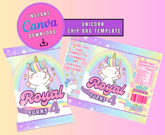 Magical Unicorn Party Chip Bag Template, Custom party Favors, Printable party favors, Customizable template, Personalized Unicorn Digital File