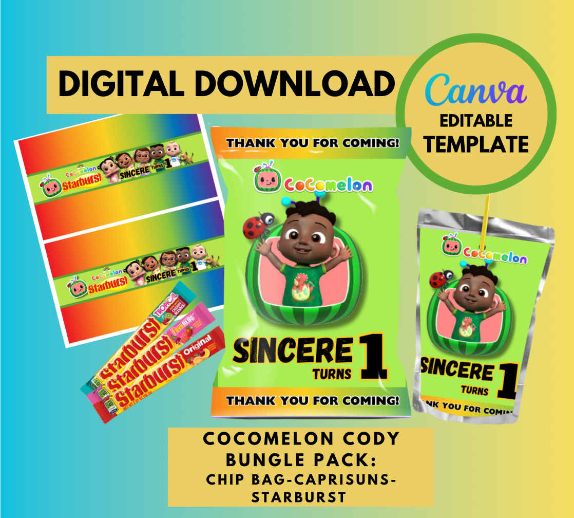 Cocomelon CODY Bundle Pack, Chip bag, Caprisuns and Starburst wrapper Template, Customizable party favors, Personalized Cocomelon Digital File treats, Instant Download CODY party