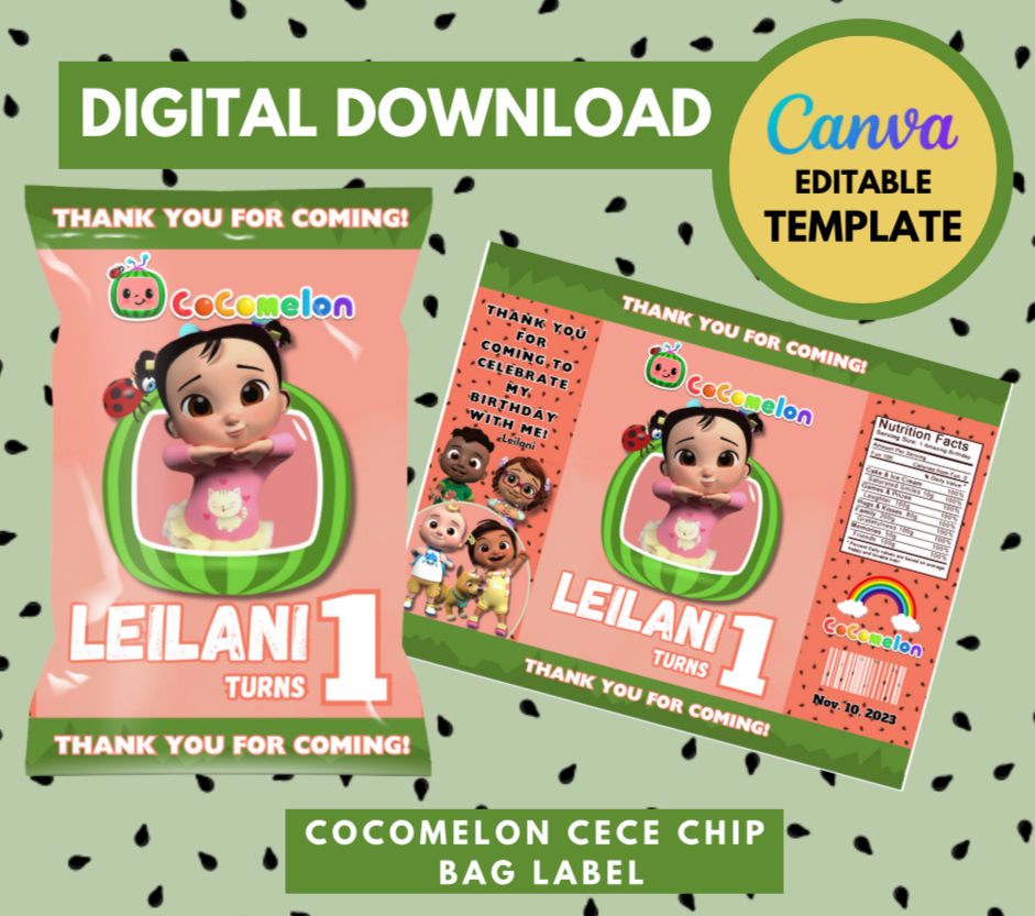 Cocomelon CECE Chip Bag Template, Customizable Chip bag, Personalized Cocomelon Digital File Chip bag, Instant Download CECE party