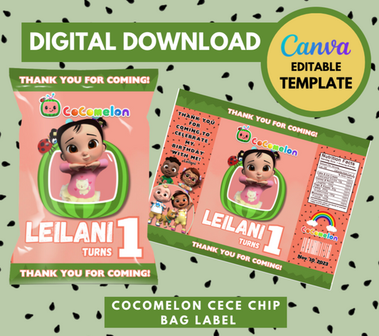 Cocomelon CECE Chip Bag Template, Customizable Chip bag, Personalized Cocomelon Digital File Chip bag, Instant Download CECE party