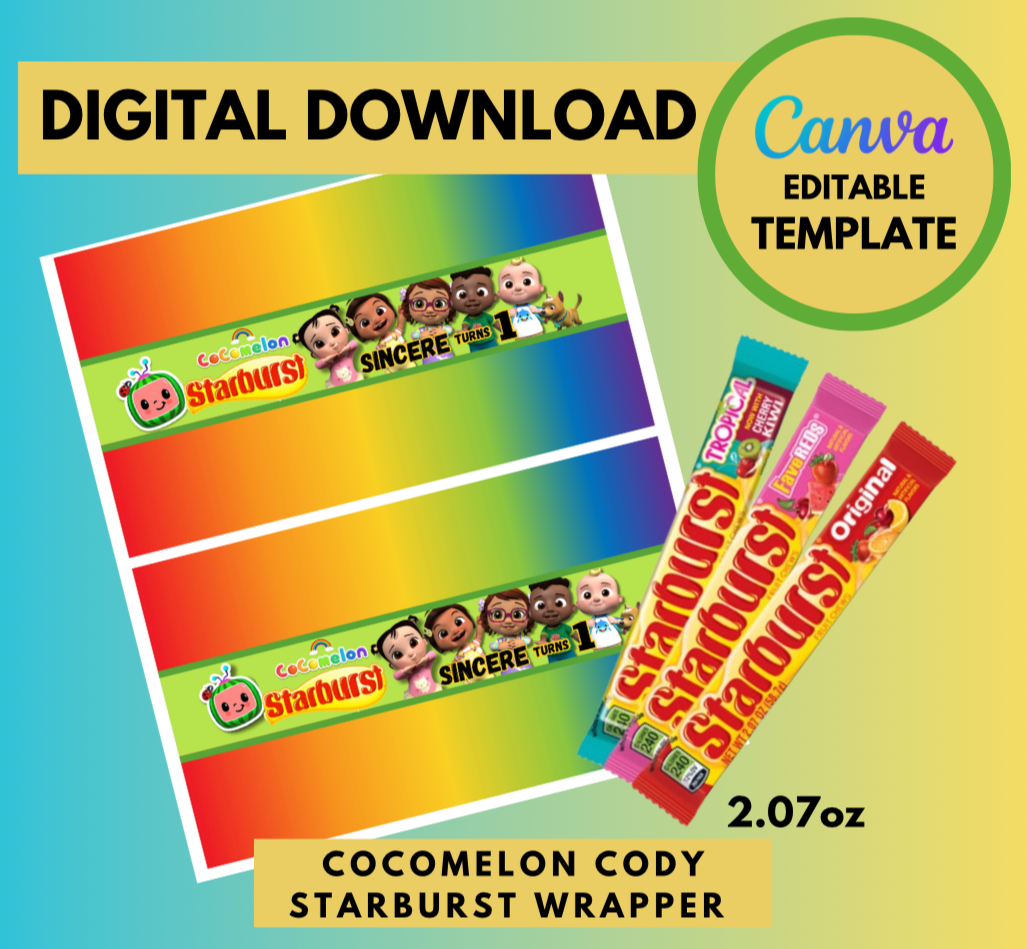 Cocomelon CODY Starburst wrapper Template, Customizable Starburst, Personalized Cocomelon Digital File candy, Instant Download CODY party