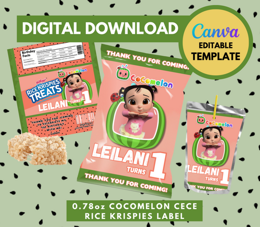 Cocomelon CECE Bundle Pack, Chip bag, Caprisuns and Rice Krispies wrapper Template, Customizable party favors, Personalized Cocomelon Digital File treats, Instant Download CECE party