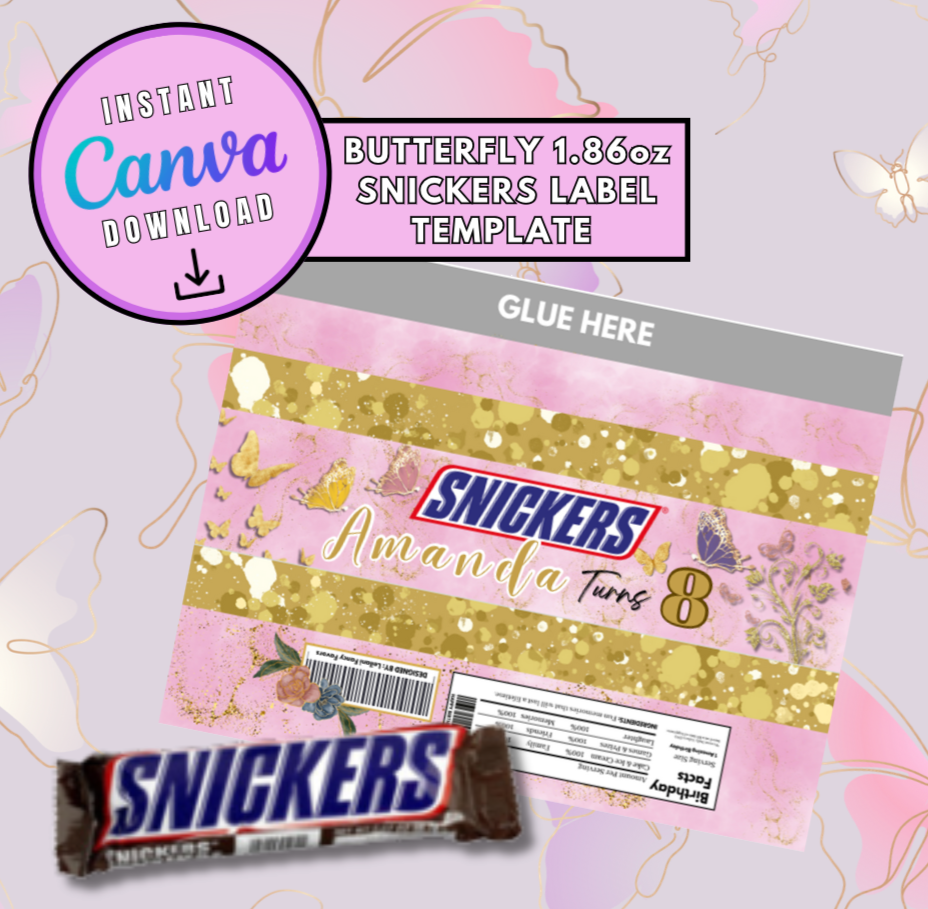 Freedom Butterfly Snickers label Template, Customizable candy bar label template, Personalized party treat chocolate bar wrapper Digital File