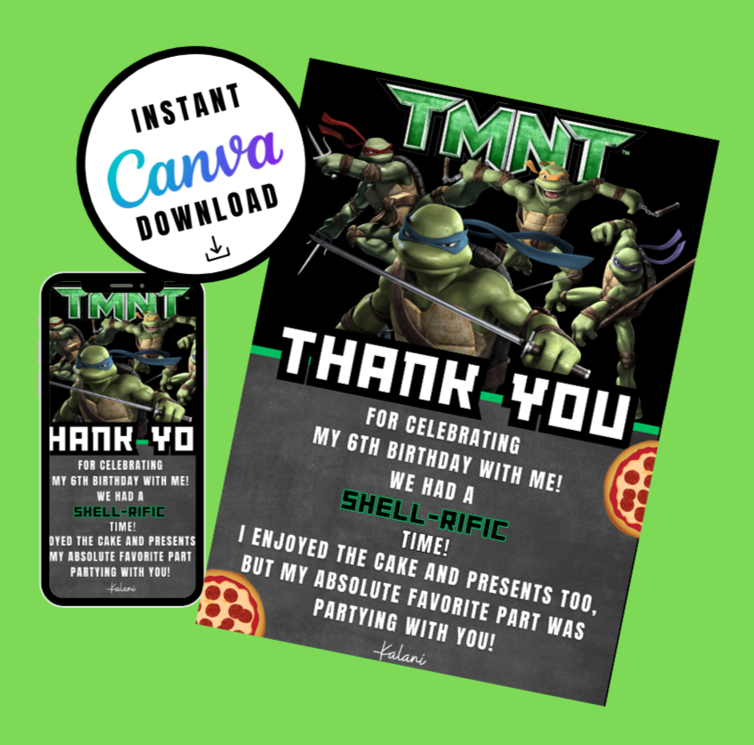 Teenage Mutant Ninja Turtles Editable Thank You Cards - Birthday - Digital Print - Personalized TMNT Thank You Card Template