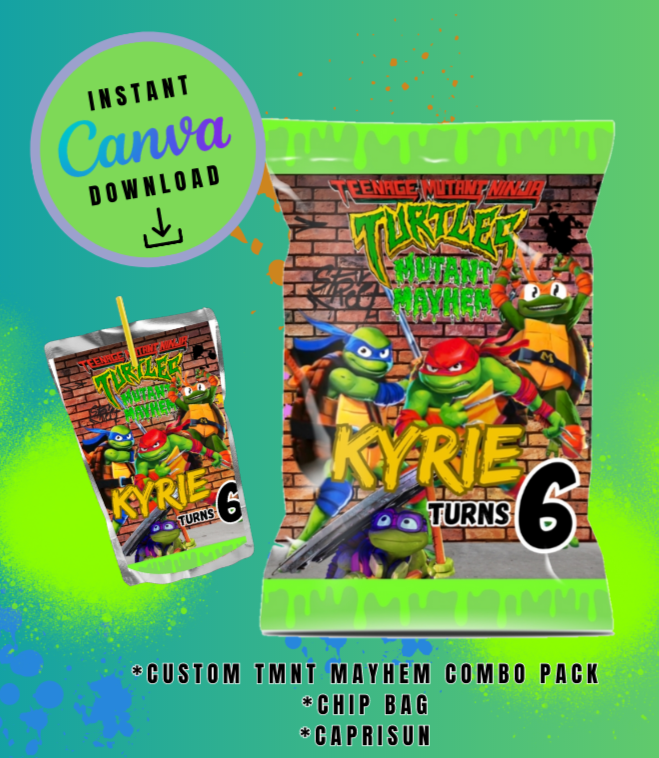 Ninja Mayhem chip bag and juice combo pack Template brown brick graffiti, mutant Customizable, Personalized Turtles Digital File