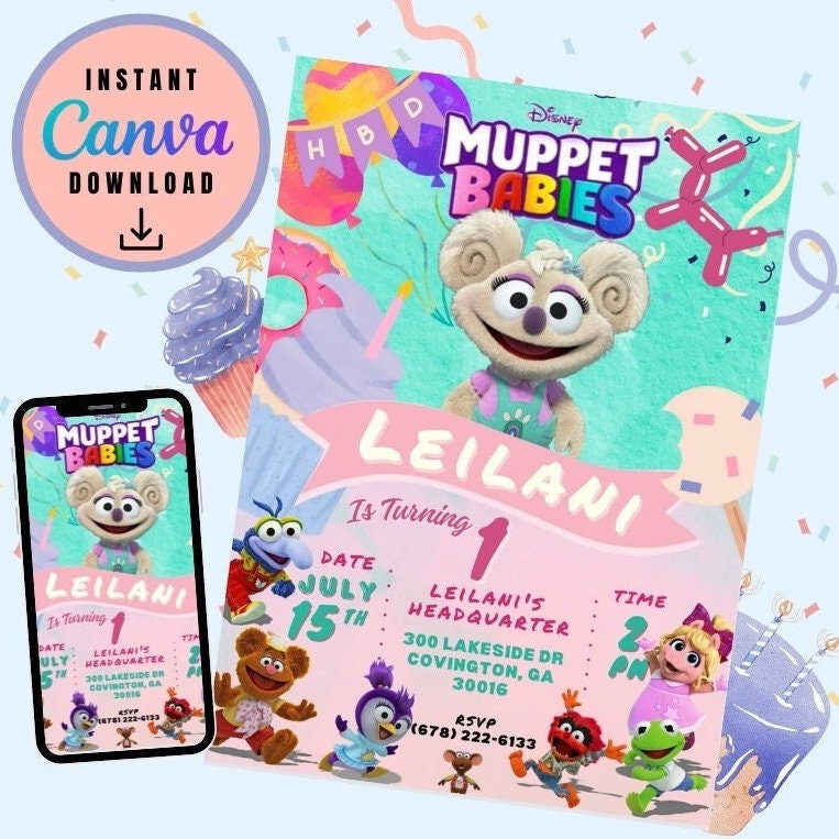 Muppet Babies Rozzie Birthday Invitation, Muppet baby party, Printable invitation Customizable Muppet Babies invite Template