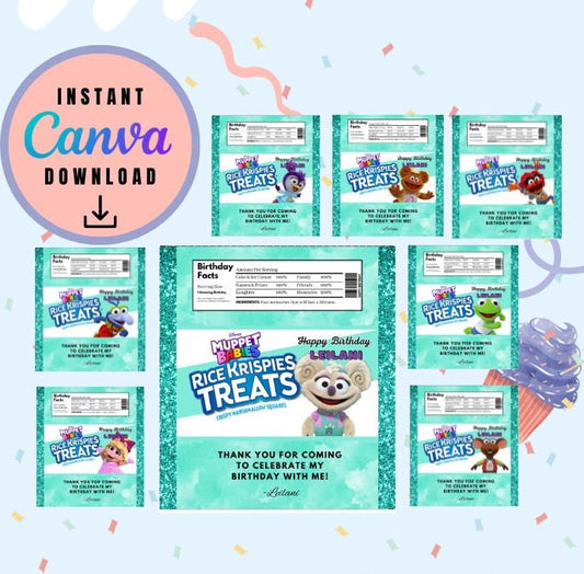 Muppet Babies Rice Krispies Party Favors, Editable Party Favors, customizable printable Muppet Babies Rice Krispies Treats Template