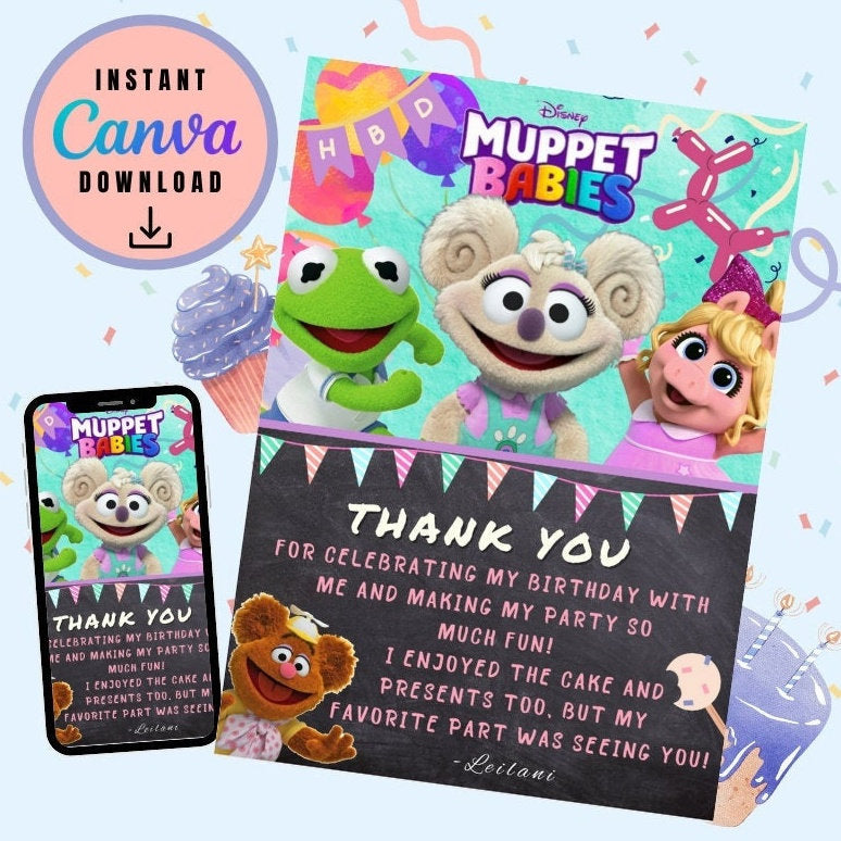 Muppet Babies Rozzie Thank You Editable Card Template, Digital file, Printable Muppet Babies Thank You Customizable