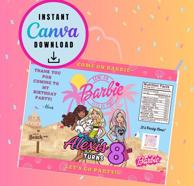 Barbie Chip Bag Template, barbie doll Customizable Chip bag, Personalized doll and friends Digital File Chip bag Printable Instant Download