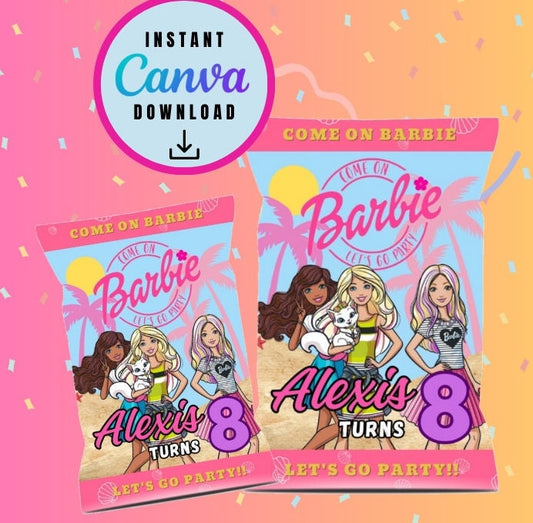 Barbie Chip Bag Template, barbie doll Customizable Chip bag, Personalized doll and friends Digital File Chip bag Printable Instant Download