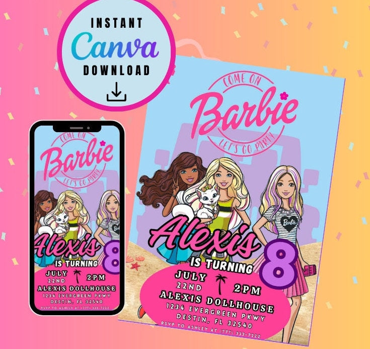 Barbie Birthday Invitation, Editable And Customizable Invitation Template Digital Print Malibu doll and friends