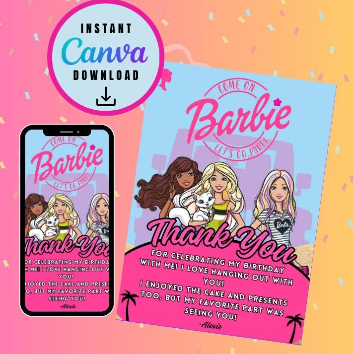 Barbie Birthday Thank You Card, Editable And Customizable barbie doll Thank You Card Template Digital Print Malibu doll and friends