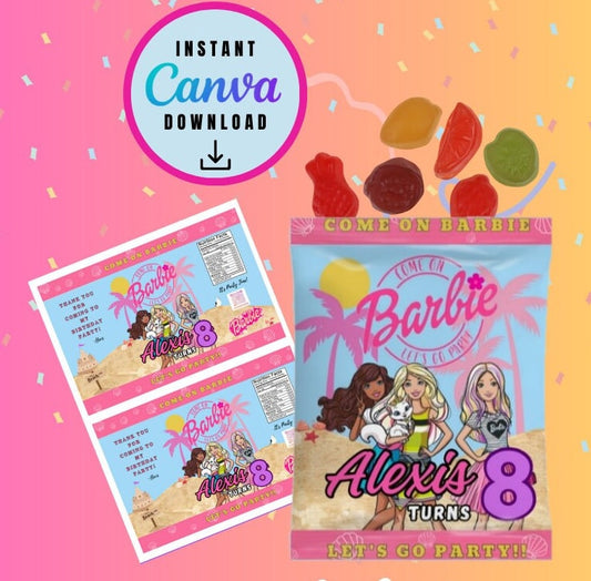 Barbie Snacks Template, barbie Customizable snacks, Personalized doll fruit Digital File, Instant Download barb and friends party barb
