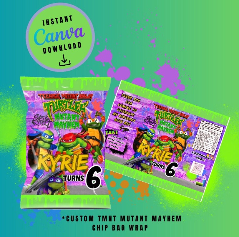 Ninja Mayhem chip bag and juice combo pack Template purple graffiti, mutant Customizable, Personalized Turtles Digital File