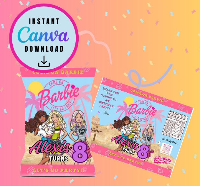 Barbie bundle Chip Bag, Juice and Rice treat Template, doll Customizable, Personalized doll Digital File Instant Download