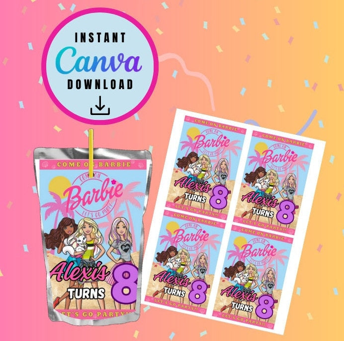 Barbie bundle Chip Bag, Juice and Rice treat Template, doll Customizable, Personalized doll Digital File Instant Download