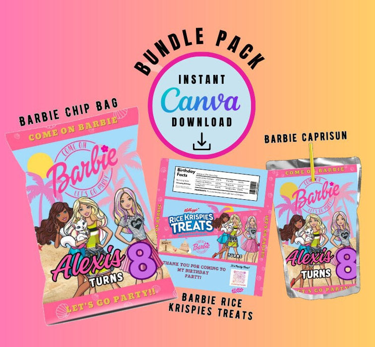 Barbie bundle Chip Bag, Juice and Rice treat Template, doll Customizable, Personalized doll Digital File Instant Download