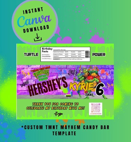 Ninja Mayhem Candy Bar label Template purple graffiti, mutant Customizable candy bar, Personalized Turtles Digital File candy bar