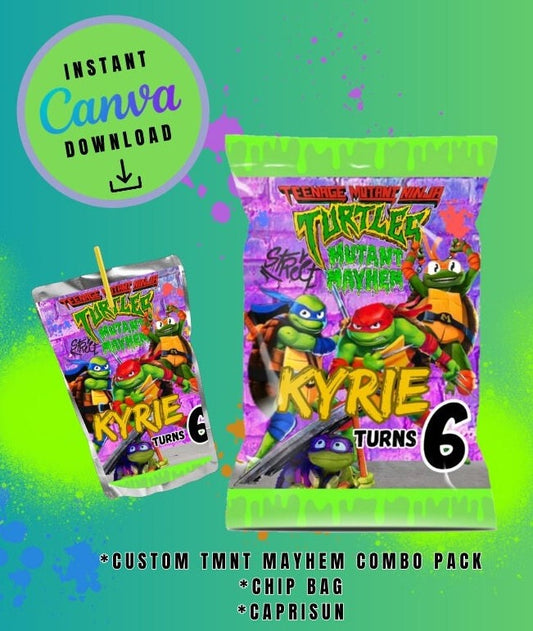 Ninja Mayhem chip bag and juice combo pack Template purple graffiti, mutant Customizable, Personalized Turtles Digital File