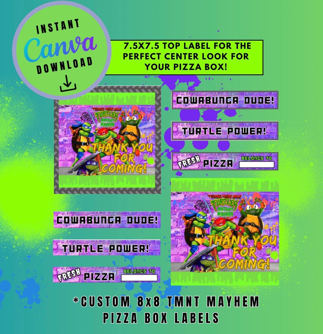 Mutant Turtles Purple Graffiti 8X8 Pizza Box Label Template, Customizable Pizza Box Labels, Personalized Mutant Turtles Digital Pizza Box