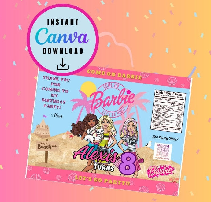 Barbie bundle Chip Bag, Juice and Rice treat Template, doll Customizable, Personalized doll Digital File Instant Download