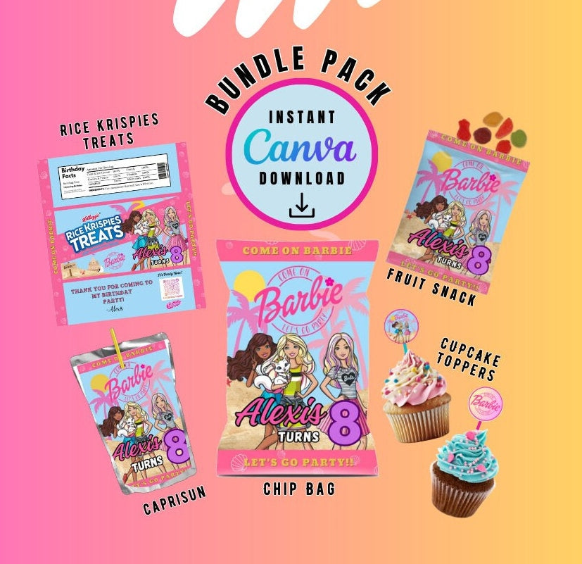 Barbie Bundle Pack. Chips, juice, Rice treats, Cupcake Toppers, Snacks Template, Digital File Instant Download