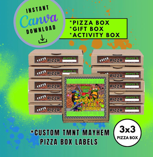 Mutant Turtles Brown 3x3 Pizza Box Label Template, turtles Customizable Pizza Box Labels, Personalized Mutant Turtles Digital File Pizza