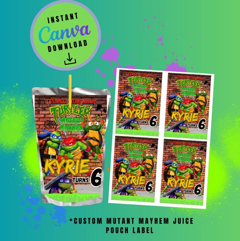Ninja Mayhem juice label Template brown brick graffiti, mutant Customizable juice, Personalized Turtles Digital File juice pouch