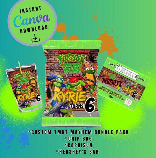 Ninja Mayhem chip bag, juice and candy bar bundle pack Template brown brick graffiti, mutant Customizable, Personalized Turtles Digital File