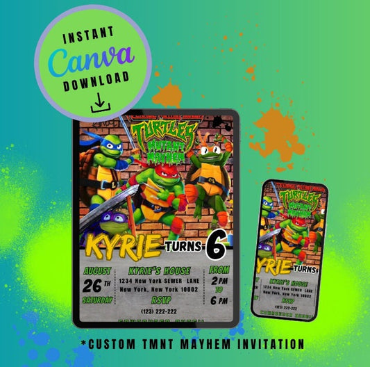 Ninja Mayhem invitation Template brown brick graffiti, mutant Customizable invitations, Personalized Turtles Digital File invitation