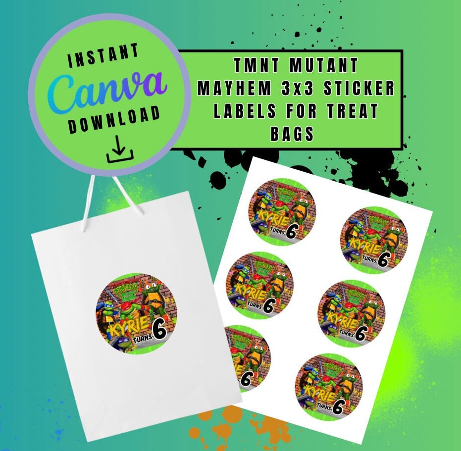 Brown Mutant Mayhem 3x3 sticker label Template, turtles Customizable stickers, Personalized Mutant Turtles Digital File stickers