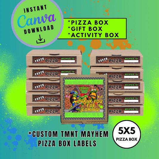 Mutant Turtles 5x5 Pizza Box Label Template, turtles Customizable Pizza Box Labels, Personalized Mutant Turtles Digital File Pizza Box