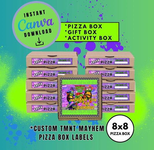 Mutant Turtles Purple Graffiti 8X8 Pizza Box Label Template, Customizable Pizza Box Labels, Personalized Mutant Turtles Digital Pizza Box