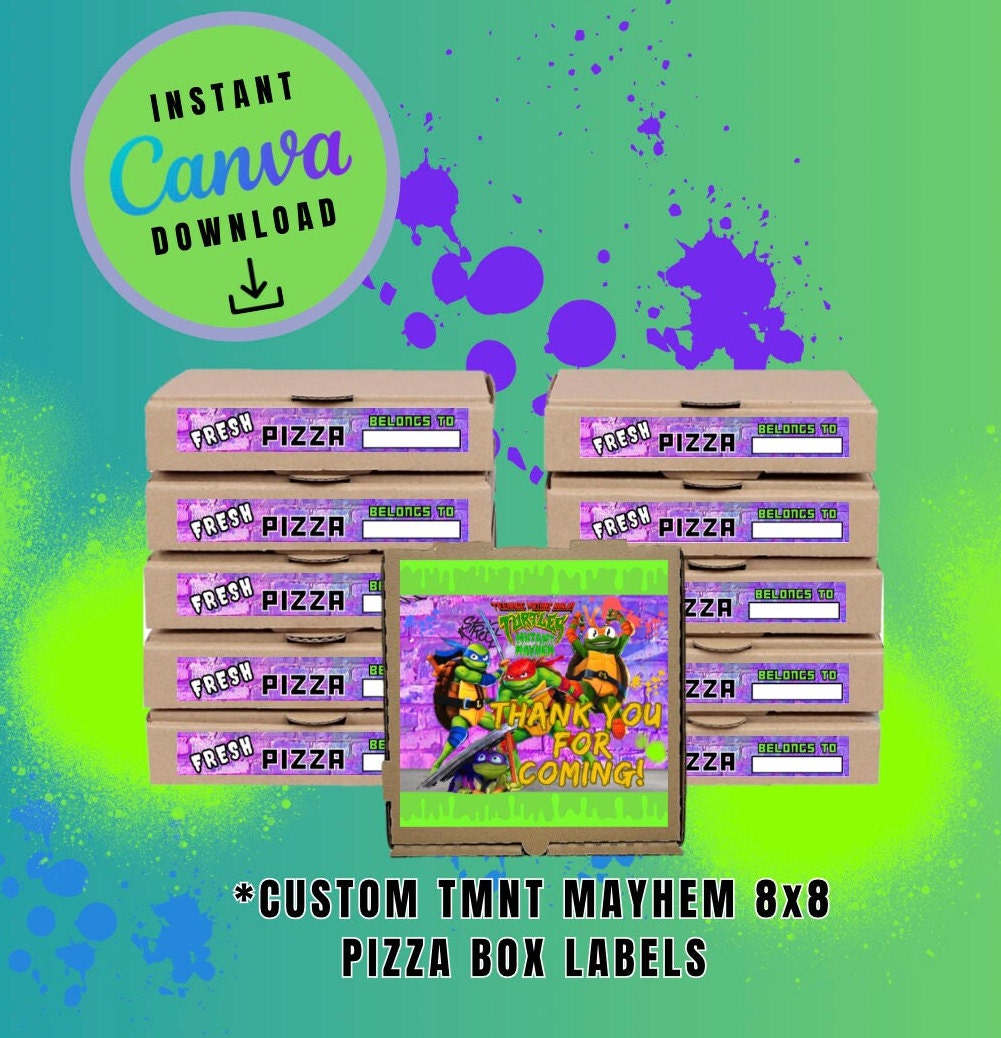 Mutant Turtles Purple Graffiti 8X8 Pizza Box Label Template, Customizable Pizza Box Labels, Personalized Mutant Turtles Digital Pizza Box