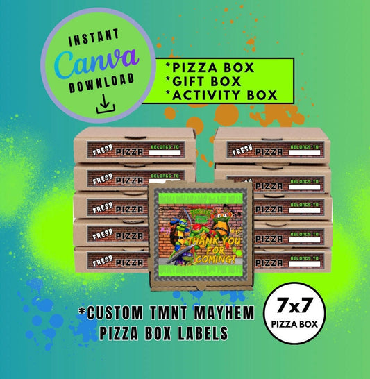 Mutant Turtles 7X7 Pizza Box Label Template, turtles Customizable Pizza Box Labels, Personalized Mutant Turtles Digital File Pizza Box