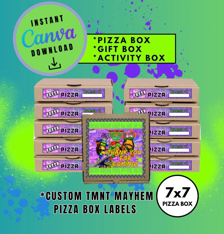 Mutant Turtles Purple 7X7 Pizza Box Label Template, turtles Customizable Pizza Box Labels, Personalized Mutant Turtles Digital File Pizza