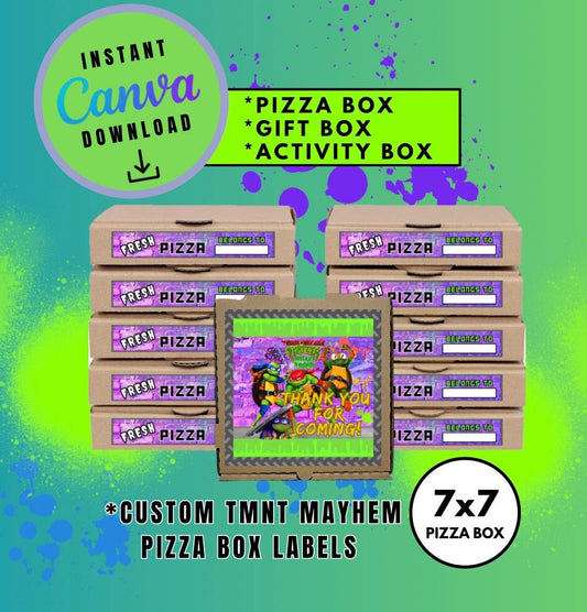 Mutant Turtles Purple 7X7 Pizza Box Label Template, turtles Customizable Pizza Box Labels, Personalized Mutant Turtles Digital File Pizza