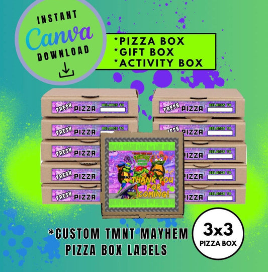 Mutant Turtles Purple 3X3 Pizza Box Label Template, turtles Customizable Pizza Box Labels, Personalized Mutant Turtles Digital File Pizza