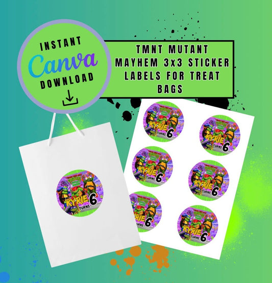 Purple Mutant Mayhem 3x3 sticker label Template, turtles Customizable stickers, Personalized Mutant Turtles Digital File stickers