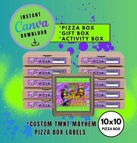 Purple Mutant Turtles 10x10 Pizza Box Label Template, turtles Customizable Pizza Box Labels, Personalized Mutant Turtles Digital File Pizza